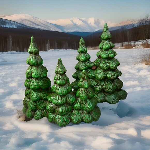 Set 2 Vintage Byron Mold Ceramic Christmas Trees Village Accessory Hand Painted - Picture 2 of 13